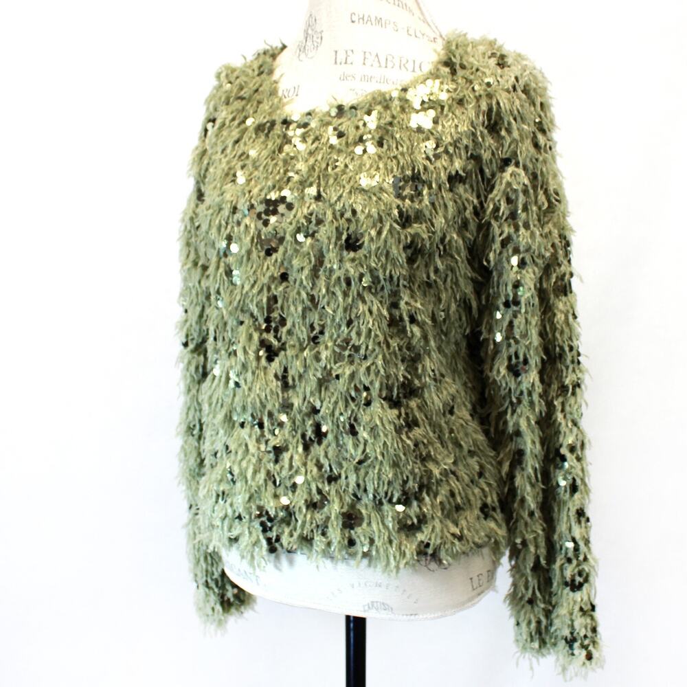 Benaar LA Noor Snaggy Blouse Top Sweater Sequins Green Small